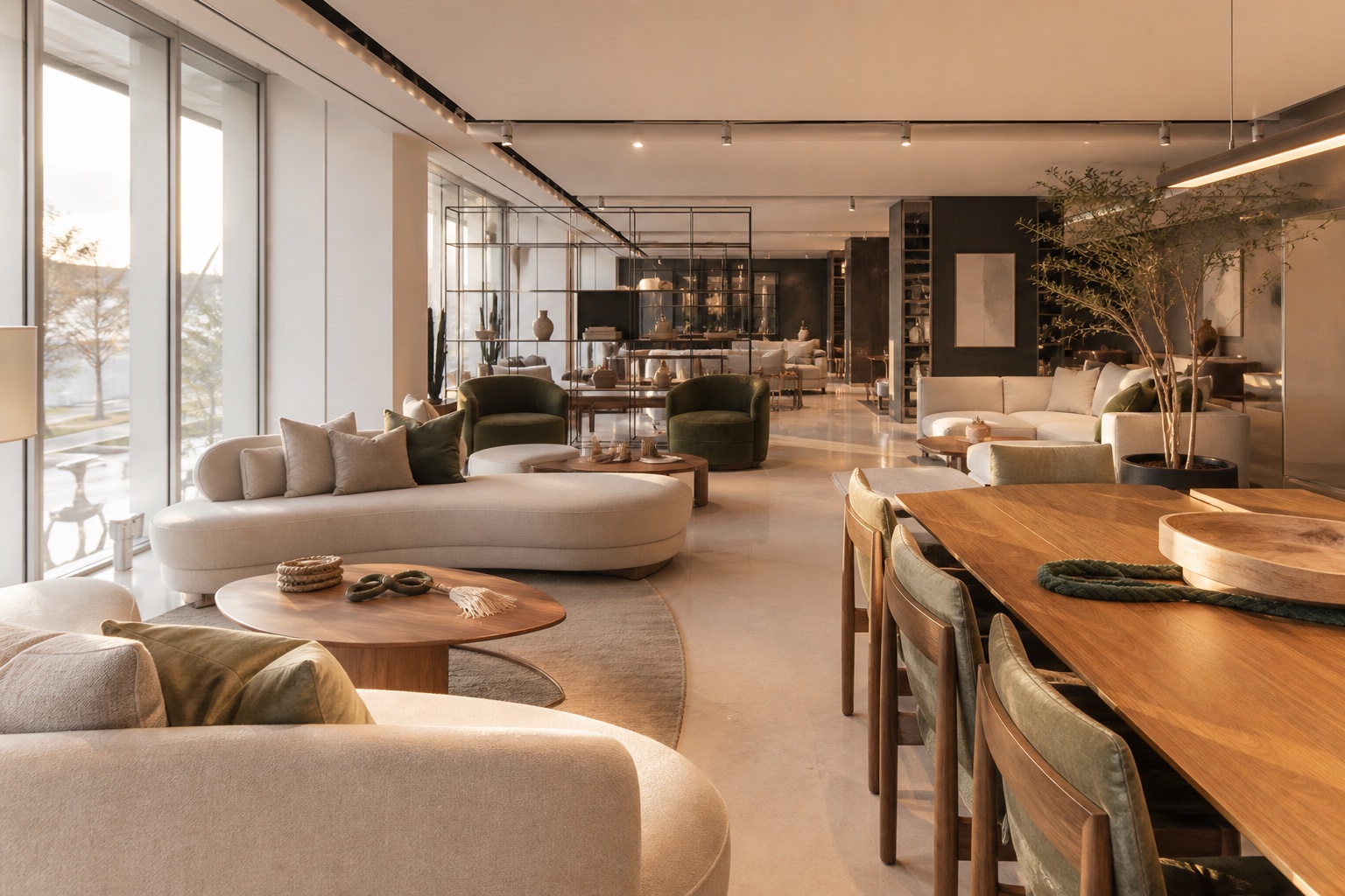 Showroom de móveis de alto padrão com sofás curvos claros, poltronas verde-floresta e luz dourada entrando pela vitrine