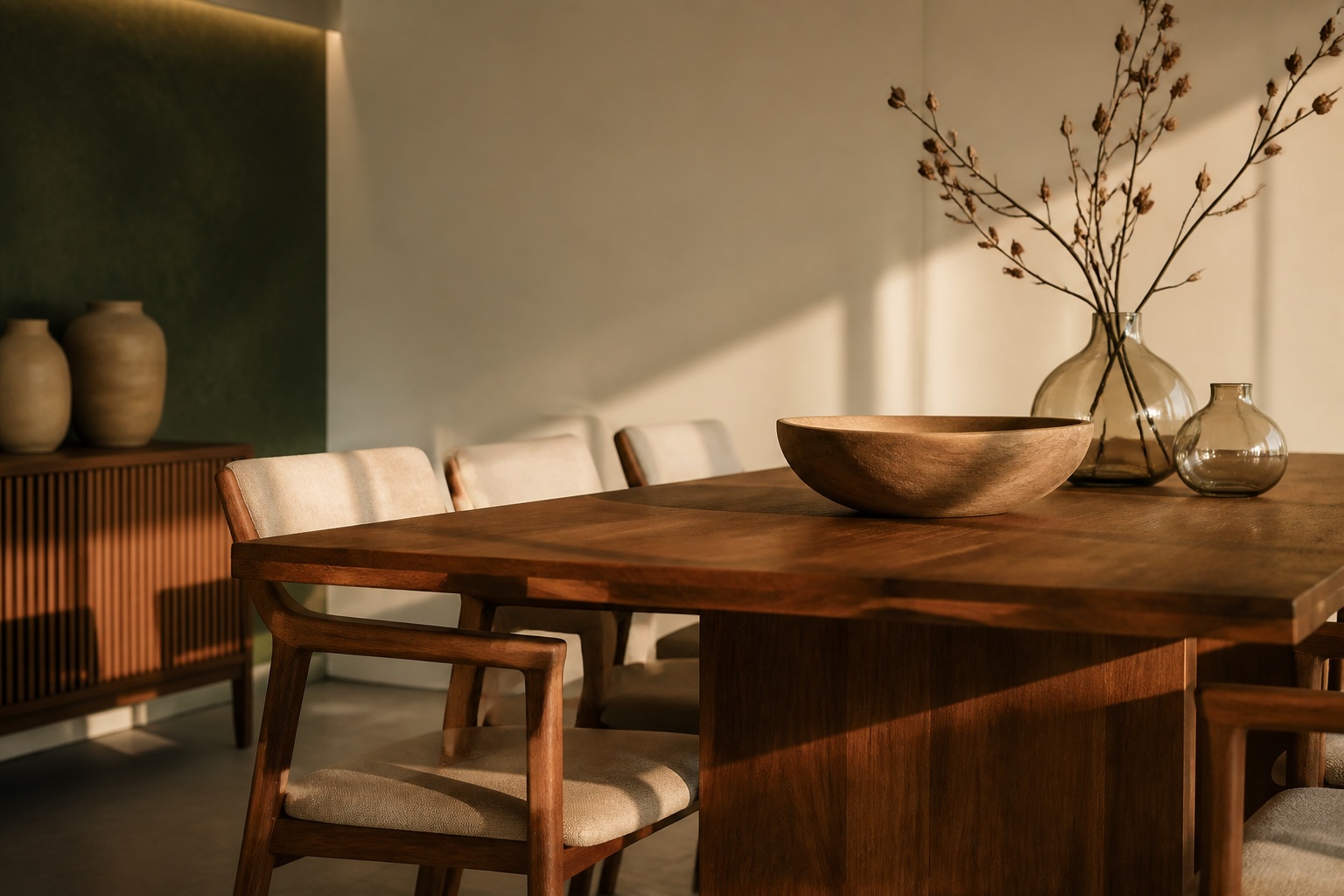 Mesa de jantar de madeira com veio aparente e cadeiras de design em frente a painel verde-floresta